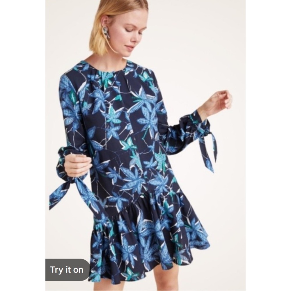 Mare Mare Tunic Dress Womens XS Navy Blue Excellent Floral Ruffle‎ Tie Cuff